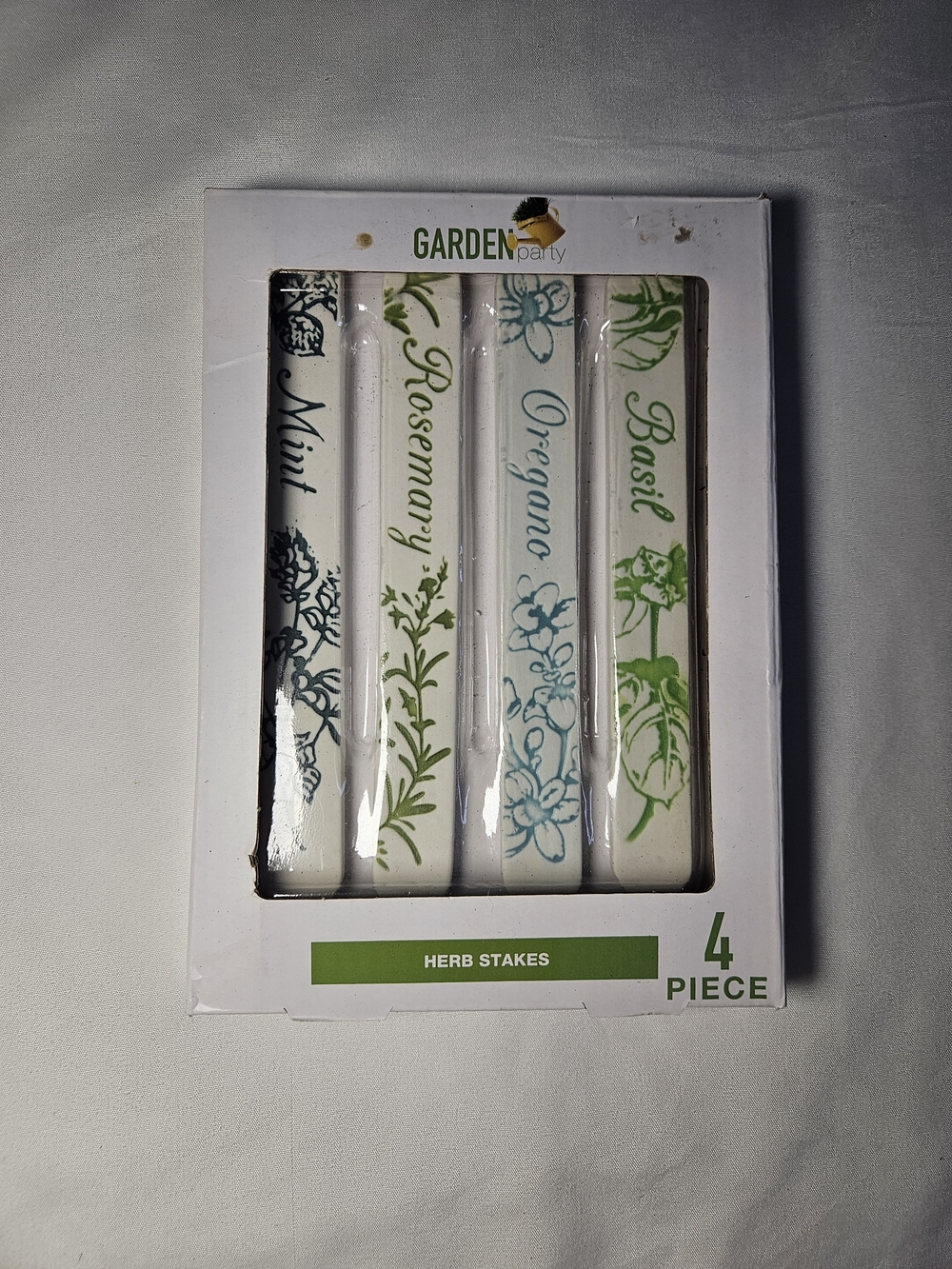 Herb Stakes - White with Green & Blue Botanical Designs (4 Piece)